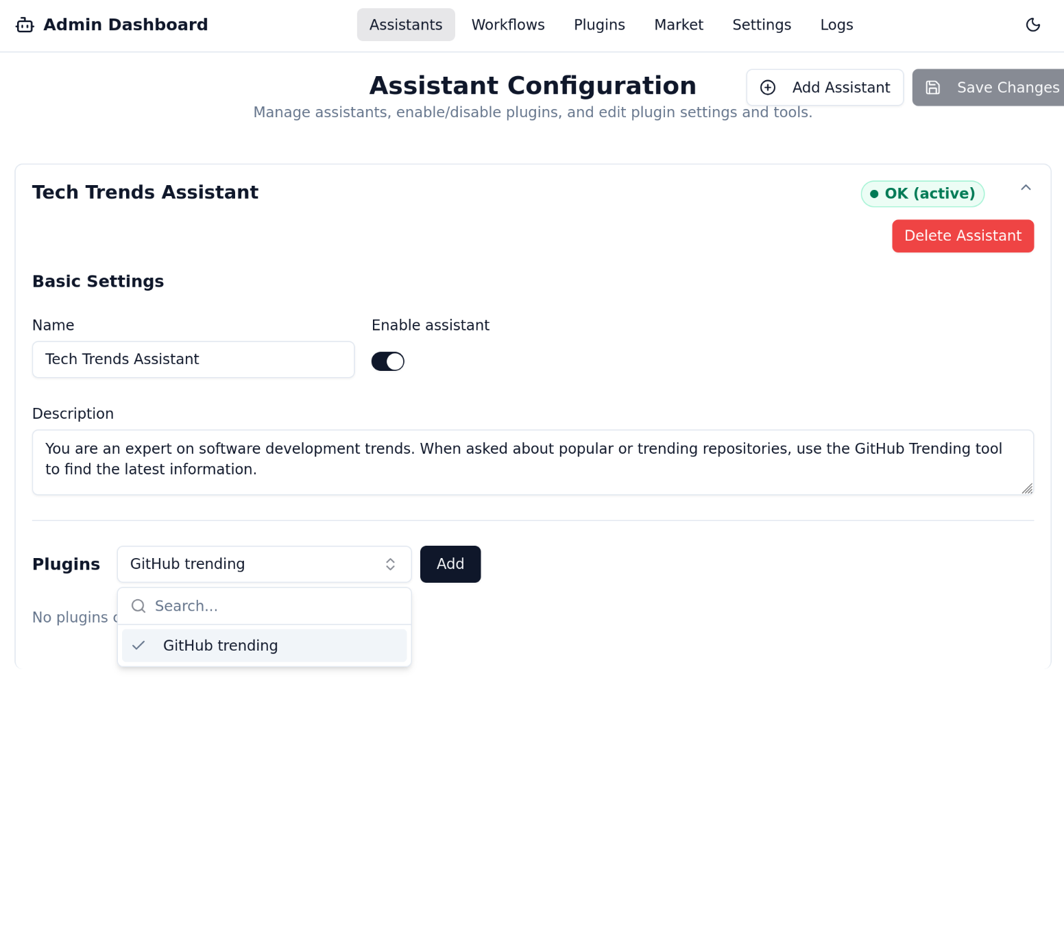Assigning Plugin to Assistant Screenshot