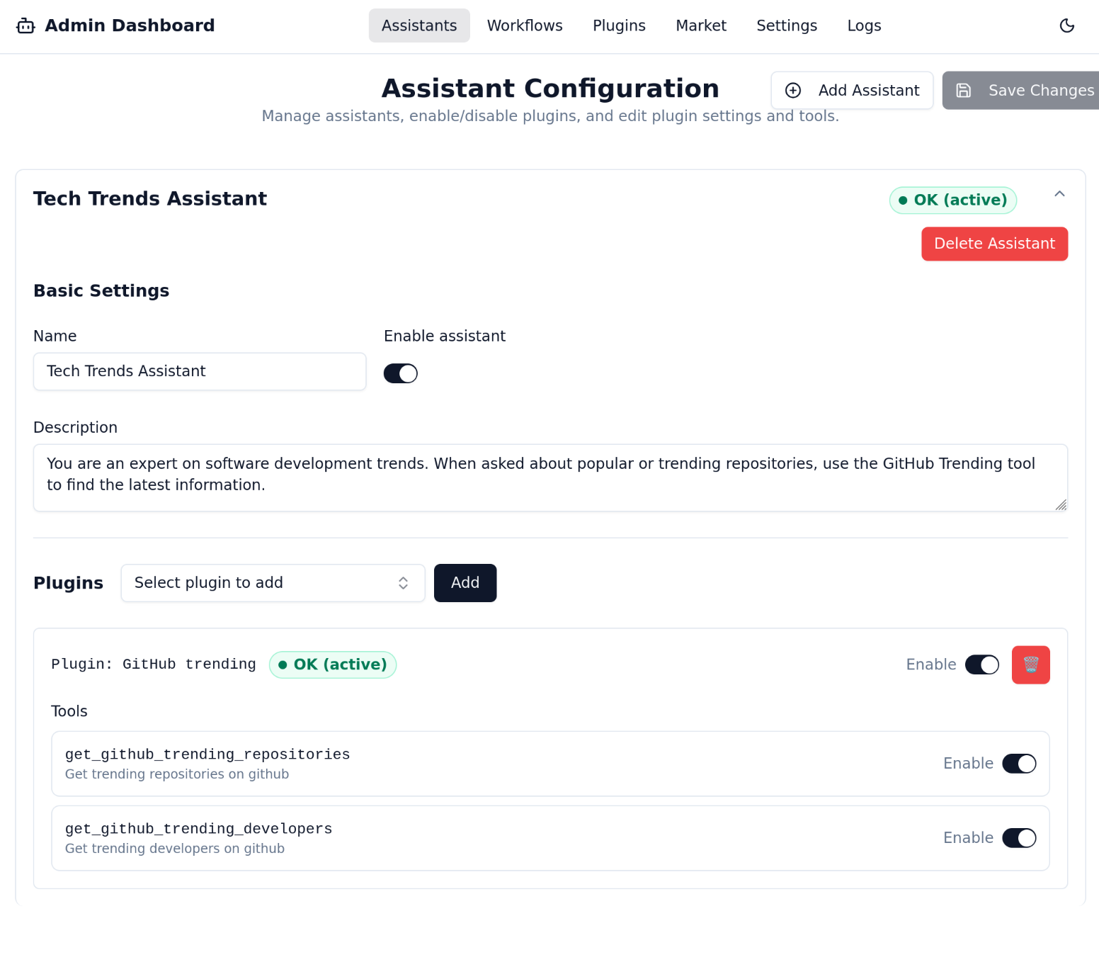 A screenshot of the Assistants page. On the left is a list of existing assistants. On the right are the configuration details for a selected assistant, including Name, Instructions, and a list of assigned Plugins.