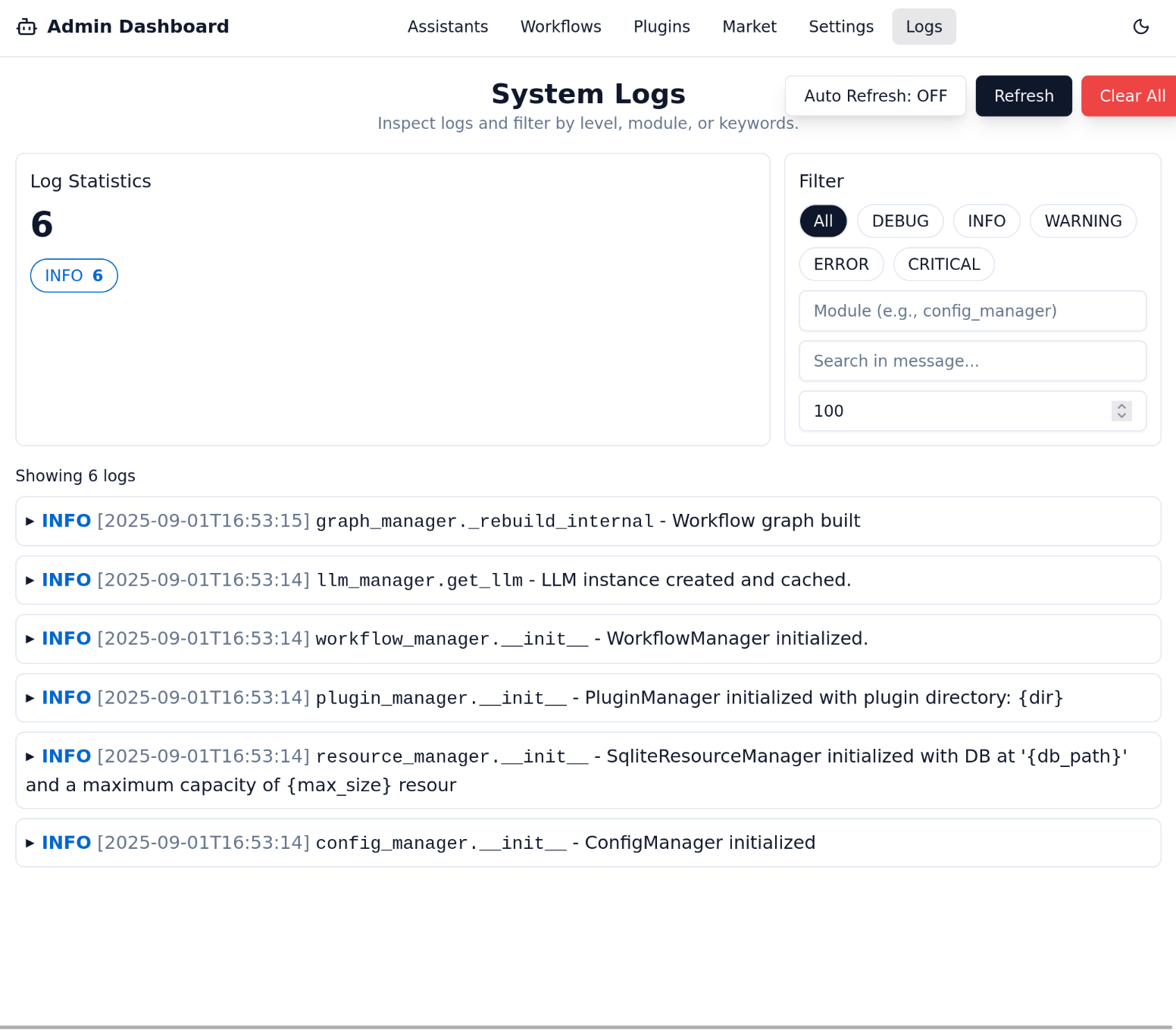 A screenshot of the Logs page, showing a stream of color-coded log entries with timestamps, detailing agent steps, tool calls, and LLM outputs.